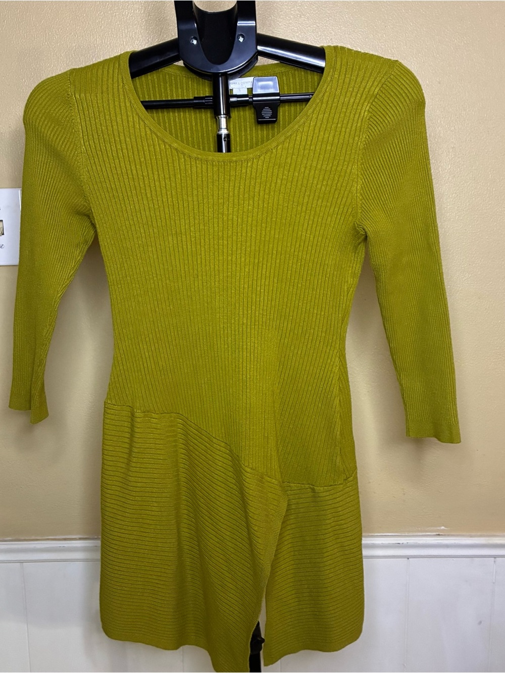 New York & Company Olive Ribbed Long Sleeve Knit Dress